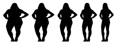 Kavramsal şişman şişman şişman kadın zayıf kadına karşı kilo verdikten sonra sağlıklı vücuda uyuyor ya da beyaz arka planda diyet yapıyor. Bir fitness, beslenme veya obezite, sağlık şekli çizim vektörü siluet olarak