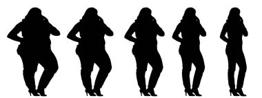 Kavramsal şişman şişman şişman kadın zayıf kadına karşı kilo verdikten sonra sağlıklı vücuda uyuyor ya da beyaz arka planda diyet yapıyor. Bir fitness, beslenme veya obezite, sağlık şekli çizim vektörü siluet olarak