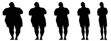 Kavramsal şişman obez adama karşı zayıf kilo verdikten sonra sağlıklı vücut, diyet, beyaz arka plan pankartı. Bir sağlık, beslenme ya da obezite, sağlık hizmeti şekil çizim vektörü siluet olarak