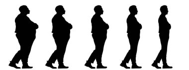 Kavramsal şişman obez adama karşı zayıf kilo verdikten sonra sağlıklı vücut, diyet, beyaz arka plan pankartı. Bir sağlık, beslenme ya da obezite, sağlık hizmeti şekil çizim vektörü siluet olarak