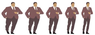 Kavramsal şişman obez adama karşı zayıf kilo verdikten sonra sağlıklı vücut, diyet, beyaz arka plan pankartı. Bir sağlık, beslenme ya da obezite, sağlık hizmeti şekil çizim vektörü siluet olarak