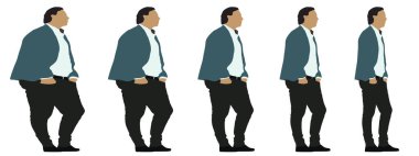 Kavramsal şişman obez adama karşı zayıf kilo verdikten sonra sağlıklı vücut, diyet, beyaz arka plan pankartı. Bir sağlık, beslenme ya da obezite, sağlık hizmeti şekil çizim vektörü siluet olarak
