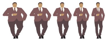 Kavramsal şişman obez adama karşı zayıf kilo verdikten sonra sağlıklı vücut, diyet, beyaz arka plan pankartı. Bir sağlık, beslenme ya da obezite, sağlık hizmeti şekil çizim vektörü siluet olarak