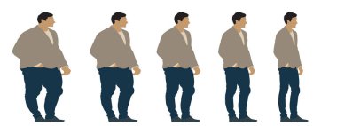 Kavramsal şişman obez adama karşı zayıf kilo verdikten sonra sağlıklı vücut, diyet, beyaz arka plan pankartı. Bir sağlık, beslenme ya da obezite, sağlık hizmeti şekil çizim vektörü siluet olarak