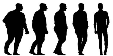 Kavramsal şişman obez adama karşı zayıf kilo verdikten sonra sağlıklı vücut, diyet, beyaz arka plan pankartı. Bir sağlık, beslenme ya da obezite, sağlık hizmeti şekil çizim vektörü siluet olarak