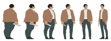 Kavramsal şişman obez adama karşı zayıf kilo verdikten sonra sağlıklı vücut, diyet, beyaz arka plan pankartı. Bir sağlık, beslenme ya da obezite, sağlık hizmeti şekil çizim vektörü siluet olarak