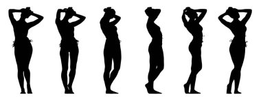 Beyaz arka planda izole edilmiş farklı perspektiflerden mayo giymiş bir kadının vektör kavramsal siyah silüeti. Güzellik, baştan çıkarma, fitness, sağlık ve yaşam tarzı için bir metafor