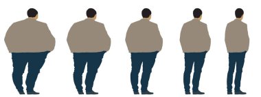 Kavramsal şişman obez adama karşı zayıf kilo verdikten sonra sağlıklı vücut, diyet, beyaz arka plan pankartı. Bir sağlık, beslenme ya da obezite, sağlık hizmeti şekil çizim vektörü siluet olarak