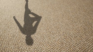 Görüntü olarak insan gölgesi olan zemin dokusu yüzeyinin kavramsal veya kavramsal arkaplanı. 3 boyutlu resimleme metaforu, şirin küçük mutlu çocuk aktiviteleri, aktif eğlenceli çocukluk tasarımı.