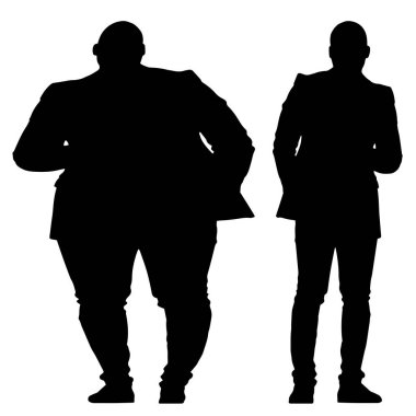 Kavramsal şişman obez adama karşı zayıf kilo verdikten sonra sağlıklı vücut, beyaz arka plan. Bir sağlık, beslenme ya da obezite, sağlık hizmeti şekil çizim vektörü siluet olarak