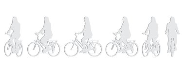 Vektör kavramsal gri kağıt, beyaz arka planda izole edilmiş farklı perspektiflerden bisiklet süren bir kadının silüetini kesiyor. Spor, fitness, sağlık, ulaşım, eğlence ve yaşam tarzı için bir metafor