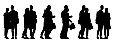 Beyaz arka planda izole edilmiş farklı perspektiflerden alınmış alışveriş torbaları taşıyan bir çiftin kavramsal siyah silüeti. İş, ilişki ve yaşam tarzı için bir metafor