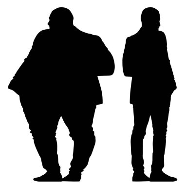 Kavramsal şişman obez adama karşı zayıf kilo verdikten sonra sağlıklı vücut, beyaz arka plan. Bir sağlık, beslenme ya da obezite, sağlık hizmeti şekil çizim vektörü siluet olarak
