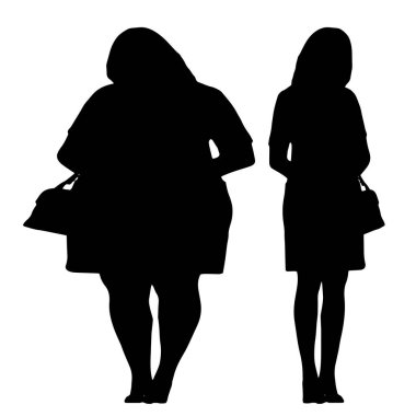 Kavramsal şişman şişman şişman kadın zayıf kadına karşı kilo verdikten sonra sağlıklı vücuda uyuyor ya da beyaz arka planda diyet. Bir fitness, beslenme veya obezite, sağlık şekli çizim vektörü siluet olarak