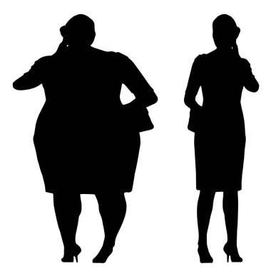 Kavramsal şişman şişman şişman kadın zayıf kadına karşı kilo verdikten sonra sağlıklı vücuda uyuyor ya da beyaz arka planda diyet. Bir fitness, beslenme veya obezite, sağlık şekli çizim vektörü siluet olarak