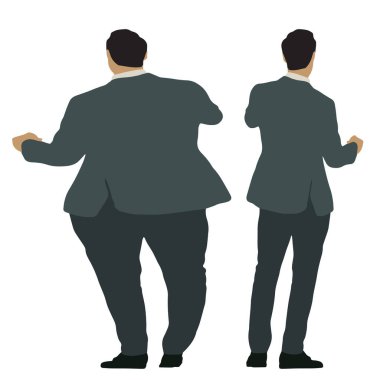 Kavramsal şişman obez adama karşı zayıf kilo verdikten sonra sağlıklı vücut, beyaz arka plan. Bir sağlık, beslenme ya da obezite, sağlık hizmeti şekil çizim vektörü siluet olarak