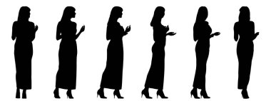 Beyaz arka planda izole edilmiş farklı perspektiflerden şık bir elbise içindeki bir kadının vektör kavramsal siyah silüeti. Güzellik, moda, eğlence ve yaşam tarzı için bir metafor.