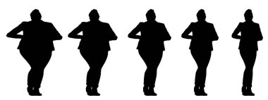 Kavramsal şişman şişman şişman kadın zayıf kadına karşı kilo verdikten sonra sağlıklı vücuda uyuyor ya da beyaz arka planda diyet yapıyor. Bir fitness, beslenme veya obezite, sağlık şekli çizim vektörü siluet olarak