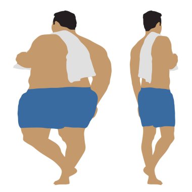 Kavramsal şişman obez adama karşı zayıf kilo verdikten sonra sağlıklı vücut, beyaz arka plan. Bir sağlık, beslenme ya da obezite, sağlık hizmeti şekil çizim vektörü siluet olarak