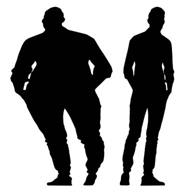 Kavramsal şişman obez adama karşı zayıf kilo verdikten sonra sağlıklı vücut, beyaz arka plan. Bir sağlık, beslenme ya da obezite, sağlık hizmeti şekil çizim vektörü siluet olarak