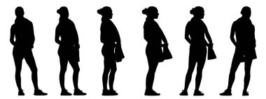 Aktif bir kadının boynundaki havluyla beyaza izole edilmiş farklı perspektiflerden vektör kavramsal siyah silueti. Etkin, sağlık, kendine bakım, refah ve yaşam tarzı için bir metafor