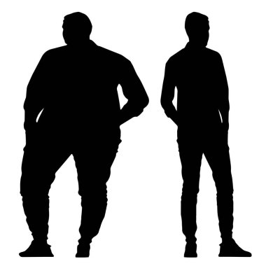 Kavramsal şişman obez adama karşı zayıf kilo verdikten sonra sağlıklı vücut, beyaz arka plan. Bir sağlık, beslenme ya da obezite, sağlık hizmeti şekil çizim vektörü siluet olarak