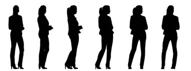 Farklı perspektiflerden izole edilmiş bir iş kadınının kavramsal siyah silueti. Başarı, eğitim, iş, güven, liderlik ve vizyon için bir metafor