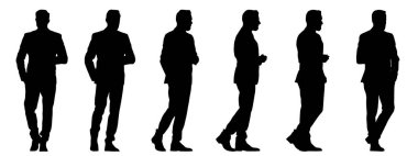 Beyaz arka planda izole edilmiş farklı perspektiflerden şık bir kostüm içindeki bir adamın vektör kavramsal siyah silueti. Moda, eğlence ve yaşam tarzı için bir metafor.