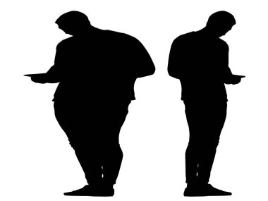 Kavramsal şişman obez adama karşı zayıf kilo verdikten sonra sağlıklı vücut, beyaz arka plan. Bir sağlık, beslenme ya da obezite, sağlık hizmeti şekil çizim vektörü siluet olarak