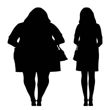 Kavramsal şişman şişman şişman kadın zayıf kadına karşı kilo verdikten sonra sağlıklı vücuda uyuyor ya da beyaz arka planda diyet. Bir fitness, beslenme veya obezite, sağlık şekli çizim vektörü siluet olarak