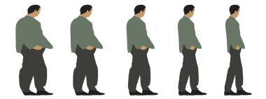 Kavramsal şişman obez adama karşı zayıf kilo verdikten sonra sağlıklı vücut, diyet, beyaz arka plan pankartı. Bir sağlık, beslenme ya da obezite, sağlık hizmeti şekil çizim vektörü siluet olarak