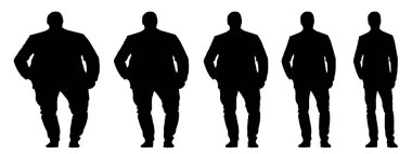 Kavramsal şişman obez adama karşı zayıf kilo verdikten sonra sağlıklı vücut, diyet, beyaz arka plan pankartı. Bir sağlık, beslenme ya da obezite, sağlık hizmeti şekil çizim vektörü siluet olarak