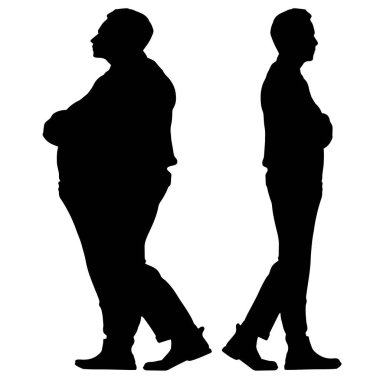 Kavramsal şişman obez adama karşı zayıf kilo verdikten sonra sağlıklı vücut, beyaz arka plan. Bir sağlık, beslenme ya da obezite, sağlık hizmeti şekil çizim vektörü siluet olarak