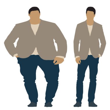 Kavramsal şişman obez adama karşı zayıf kilo verdikten sonra sağlıklı vücut, beyaz arka plan. Bir sağlık, beslenme ya da obezite, sağlık hizmeti şekil çizim vektörü siluet olarak