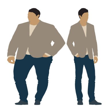 Kavramsal şişman obez adama karşı zayıf kilo verdikten sonra sağlıklı vücut, beyaz arka plan. Bir sağlık, beslenme ya da obezite, sağlık hizmeti şekil çizim vektörü siluet olarak