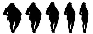 Kavramsal şişman şişman şişman kadın zayıf kadına karşı kilo verdikten sonra sağlıklı vücuda uyuyor ya da beyaz arka planda diyet yapıyor. Bir fitness, beslenme veya obezite, sağlık şekli çizim vektörü siluet olarak