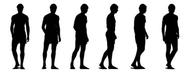 Beyaz arka planda farklı perspektiflerden izole edilmiş, şortlu, yüzme şapkalı bir adamın vektör kavramsal siyah silueti. Spor, spor, sağlık ve sağlık için bir metafor.