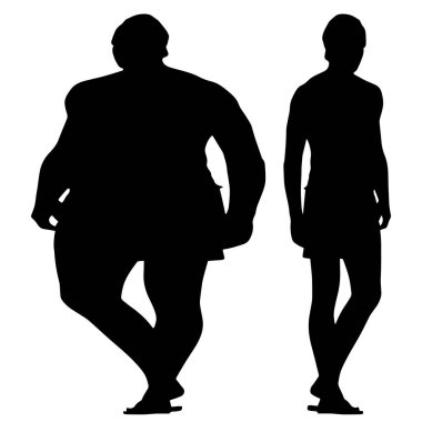 Kavramsal şişman obez adama karşı zayıf kilo verdikten sonra sağlıklı vücut, beyaz arka plan. Bir sağlık, beslenme ya da obezite, sağlık hizmeti şekil çizim vektörü siluet olarak