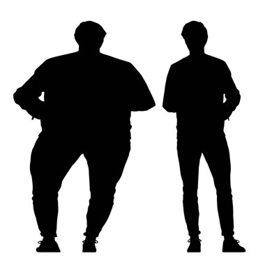 Kavramsal şişman obez adama karşı zayıf kilo verdikten sonra sağlıklı vücut, beyaz arka plan. Bir sağlık, beslenme ya da obezite, sağlık hizmeti şekil çizim vektörü siluet olarak