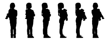 Beyaz arka planda izole edilmiş farklı perspektiflerden bir oyuncak ayıyı tutan küçük bir kızın kavramsal siyah silüeti. Masumiyet, çocukluk, güvenlik ve aile metaforu