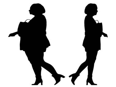 Kavramsal şişman şişman şişman kadın zayıf kadına karşı kilo verdikten sonra sağlıklı vücuda uyuyor ya da beyaz arka planda diyet. Bir fitness, beslenme veya obezite, sağlık şekli çizim vektörü siluet olarak