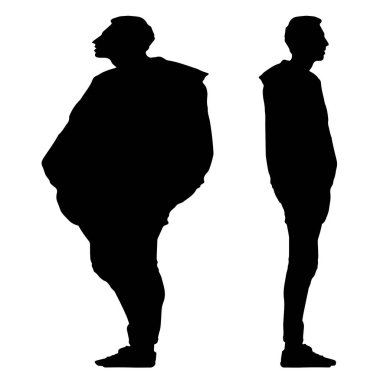 Kavramsal şişman obez adama karşı zayıf kilo verdikten sonra sağlıklı vücut, beyaz arka plan. Bir sağlık, beslenme ya da obezite, sağlık hizmeti şekil çizim vektörü siluet olarak