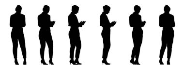 Telefonunu beyaz arka planda izole edilmiş farklı perspektiflerden kontrol eden bir kadının vektör kavramsal siyah silüeti. İletişim, bağlantı, eğlence ve yaşam tarzı için bir metafor