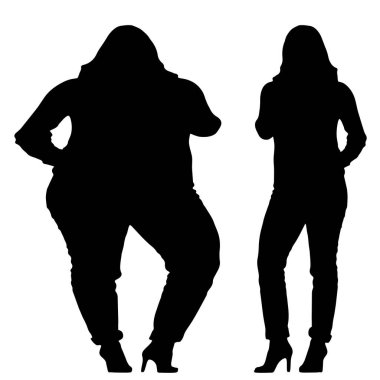 Kavramsal şişman şişman şişman kadın zayıf kadına karşı kilo verdikten sonra sağlıklı vücuda uyuyor ya da beyaz arka planda diyet. Bir fitness, beslenme veya obezite, sağlık şekli çizim vektörü siluet olarak