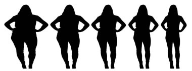 Kavramsal şişman şişman şişman kadın zayıf kadına karşı kilo verdikten sonra sağlıklı vücuda uyuyor ya da beyaz arka planda diyet yapıyor. Bir fitness, beslenme veya obezite, sağlık şekli çizim vektörü siluet olarak