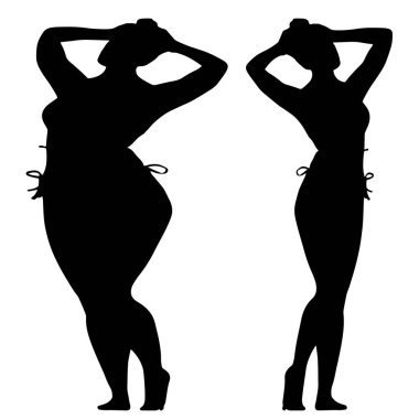 Kavramsal şişman şişman şişman kadın zayıf kadına karşı kilo verdikten sonra sağlıklı vücuda uyuyor ya da beyaz arka planda diyet. Bir fitness, beslenme veya obezite, sağlık şekli çizim vektörü siluet olarak