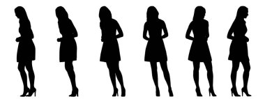 Beyaz arka planda izole edilmiş farklı perspektiflerden genç bir kadının vektör kavramsal siyah silueti. Gençlik, boş zaman, boş zaman ve yaşam tarzı için bir metafor.