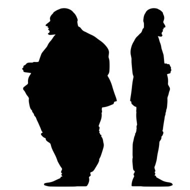 Kavramsal şişman obez adama karşı zayıf kilo verdikten sonra sağlıklı vücut, beyaz arka plan. Bir sağlık, beslenme ya da obezite, sağlık hizmeti şekil çizim vektörü siluet olarak