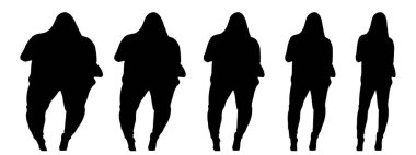 Kavramsal şişman şişman şişman kadın zayıf kadına karşı kilo verdikten sonra sağlıklı vücuda uyuyor ya da beyaz arka planda diyet yapıyor. Bir fitness, beslenme veya obezite, sağlık şekli çizim vektörü siluet olarak