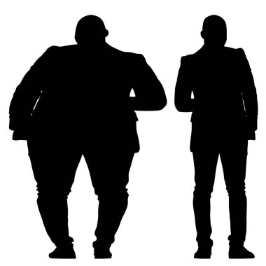Kavramsal şişman obez adama karşı zayıf kilo verdikten sonra sağlıklı vücut, beyaz arka plan. Bir sağlık, beslenme ya da obezite, sağlık hizmeti şekil çizim vektörü siluet olarak